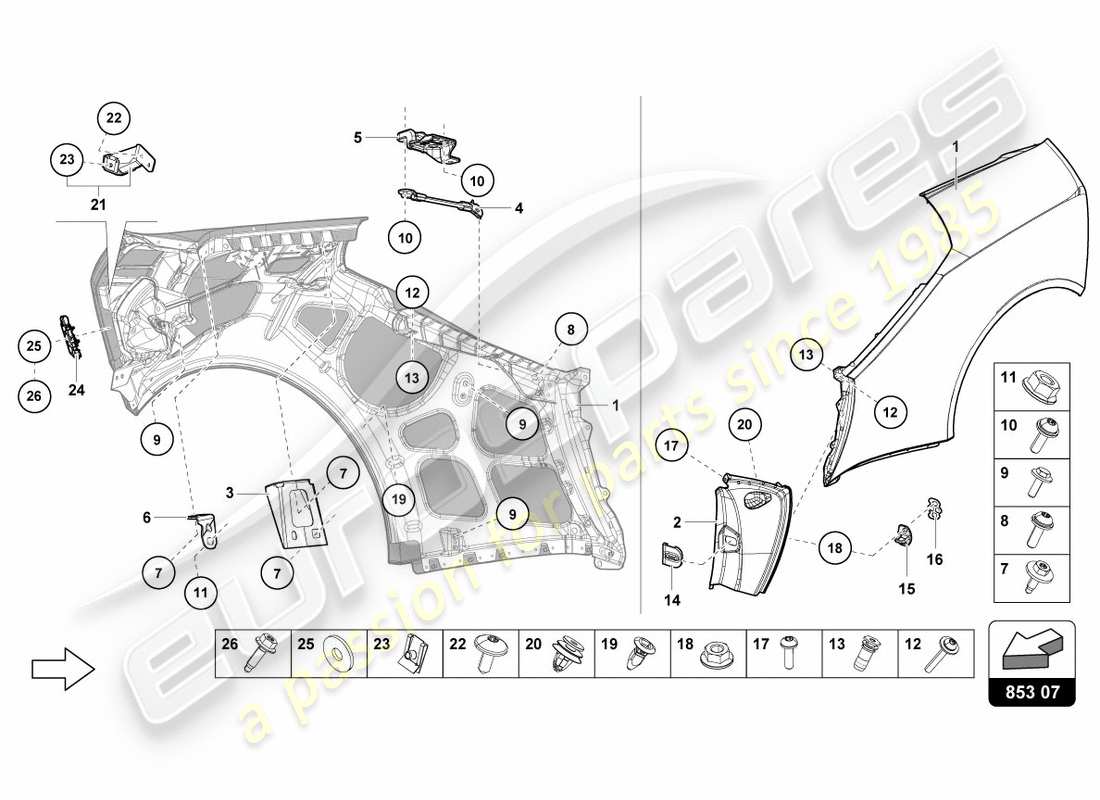 lamborghini 2019 (performante spyder) diagrama de piezas del protector de ala