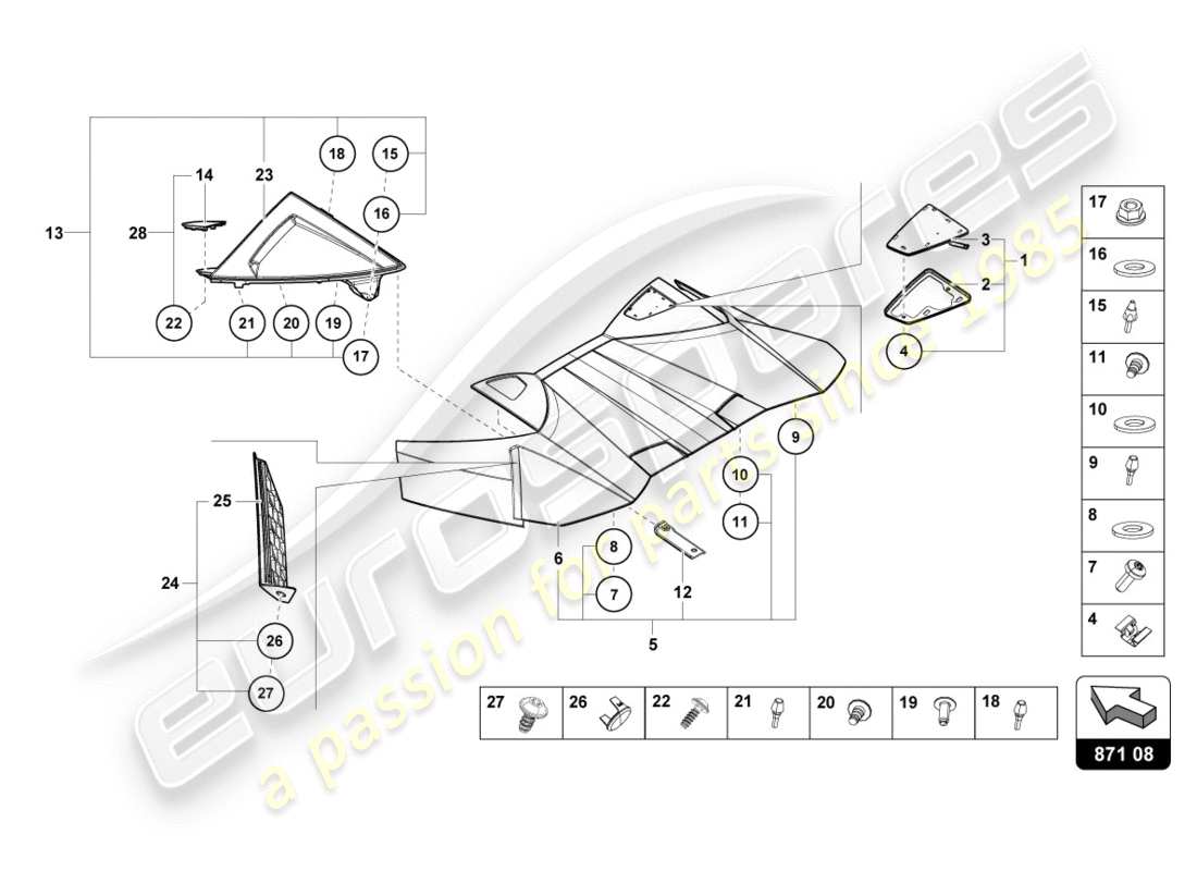 lamborghini 2018 (lp580-2 spyder) conv. diagrama de pieza superior, cubierta de bisagra