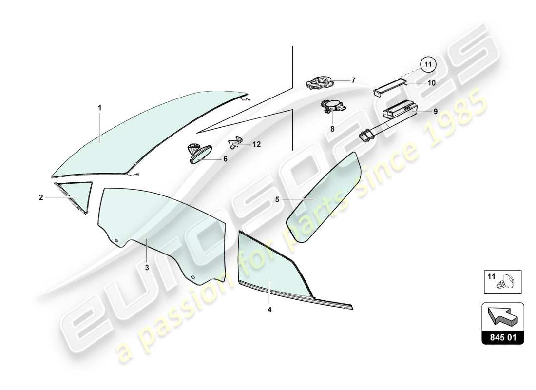 lamborghini performante coupe (2020) diagrama de piezas de vidrios para ventanas