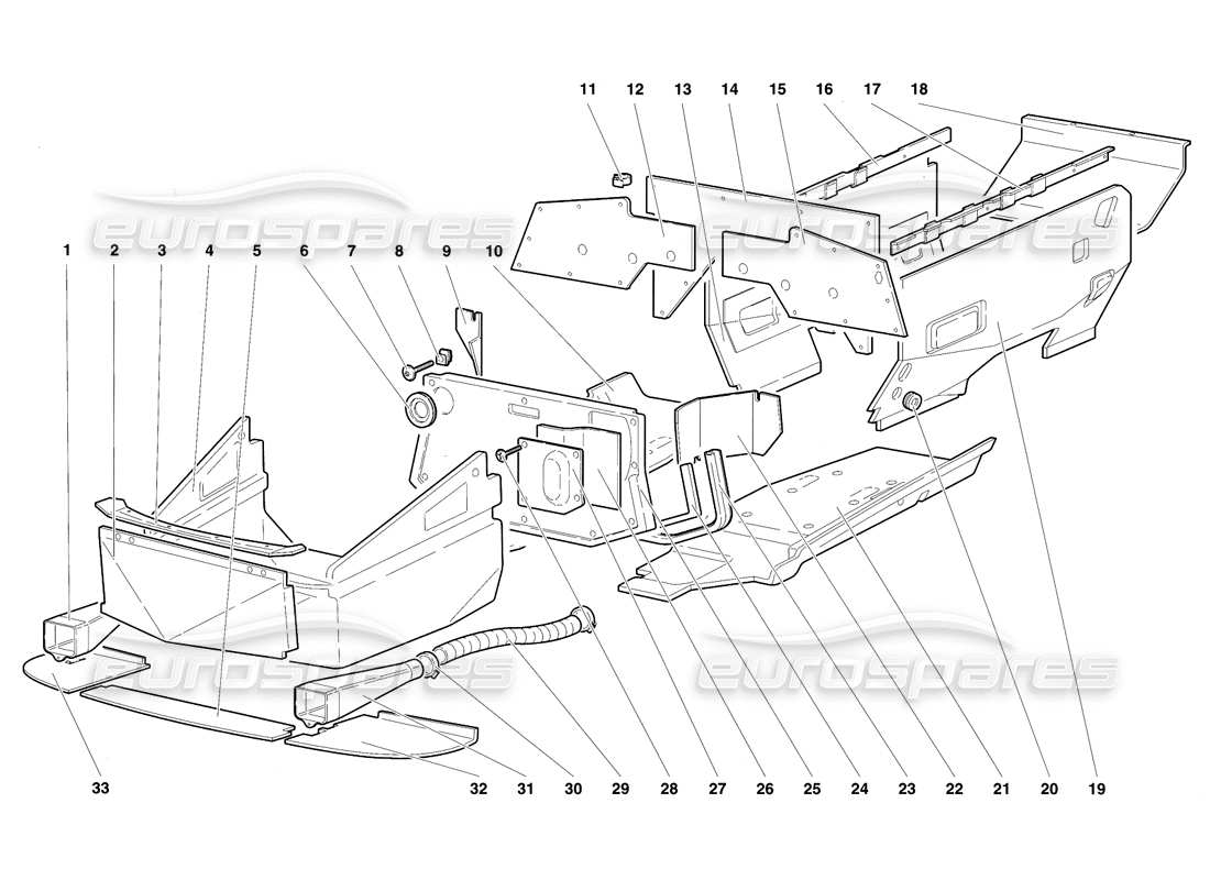 lamborghini diablo se30 (1995) diagrama de piezas de los paneles de piso del marco