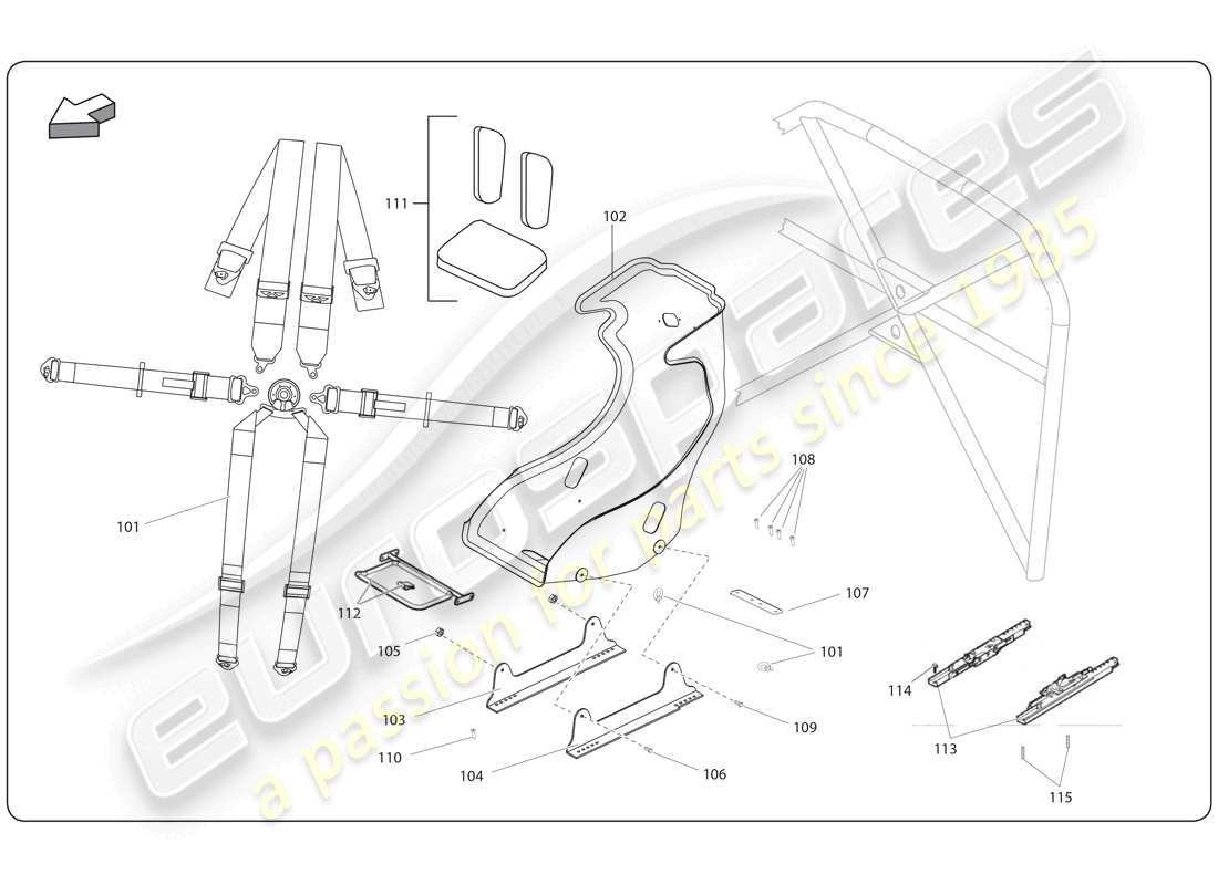 lamborghini super trofeo (2009-2014) asiento y seguridad diagrama de piezas