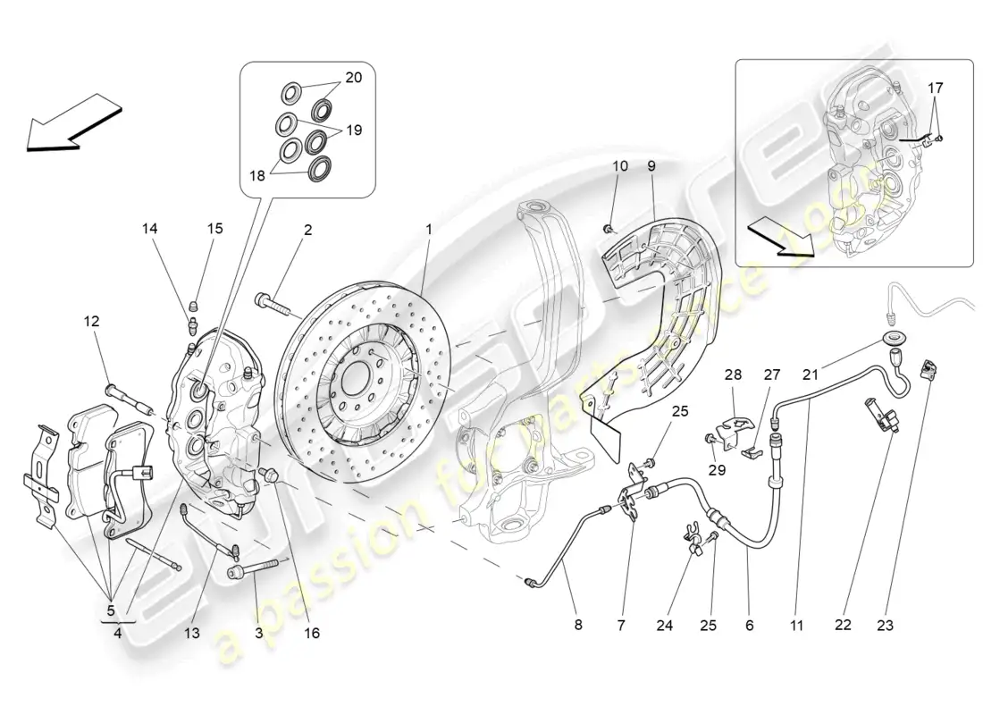 maserati levante gt (2022) dispositivos de frenado en las ruedas delanteras diagrama de piezas