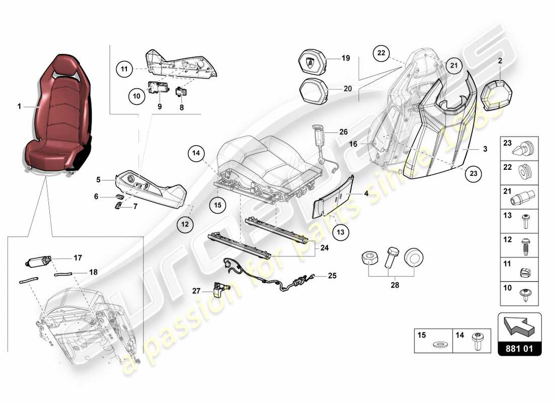 lamborghini centenario coupe (2017) asiento confort diagrama de piezas