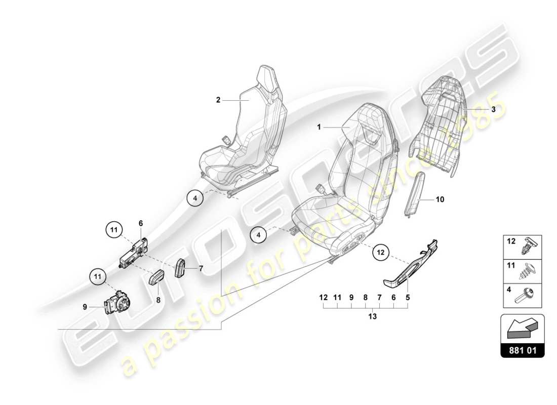 lamborghini evo coupe 2wd (2020) asiento diagrama de piezas