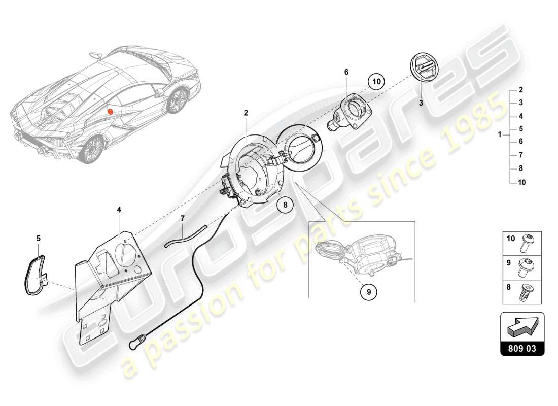 lamborghini sian (2020) cuello de llenado de combustible diagrama de piezas