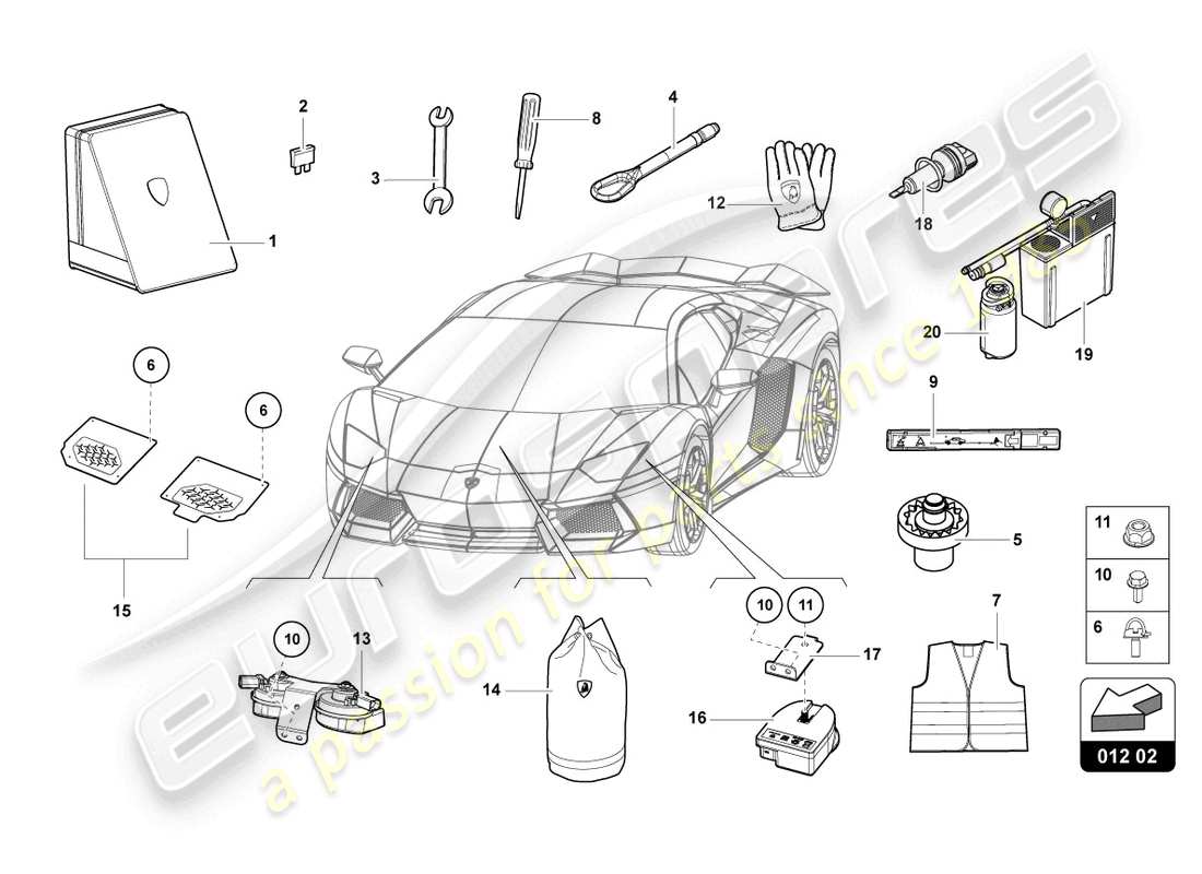 lamborghini 2021 (lp770-4 svj roadster) herramientas del vehículo diagrama de piezas