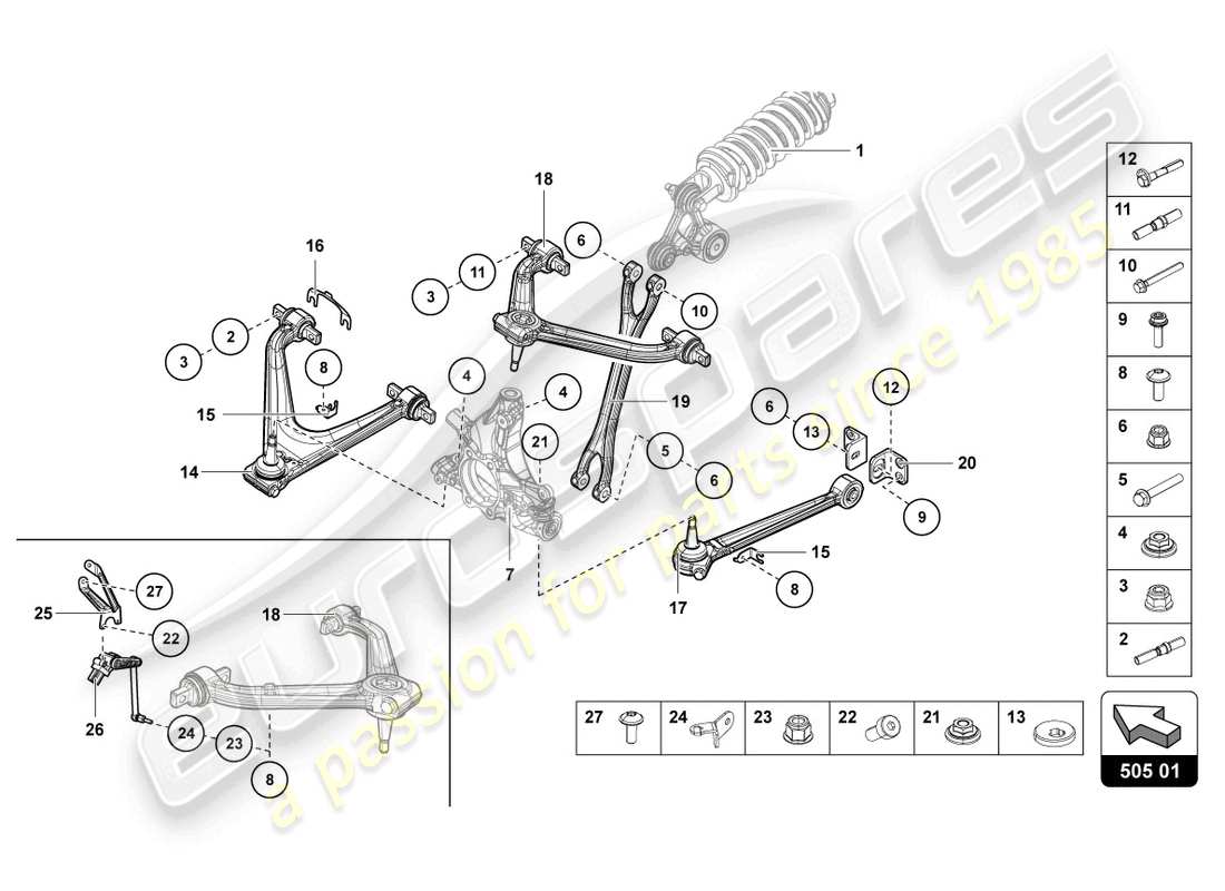 lamborghini lp750-4 sv roadster (2017) suspensión trasera diagrama de piezas