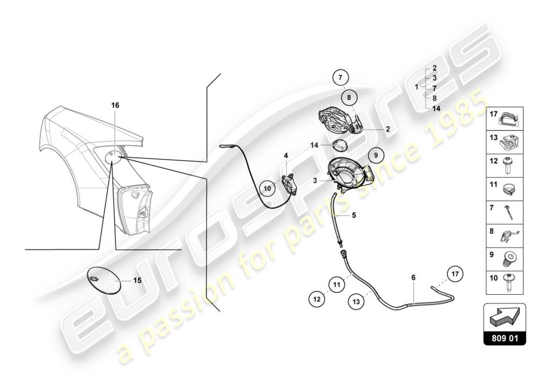 lamborghini 2018 (performante coupe) diagrama de piezas de la tapa de llenado de combustible