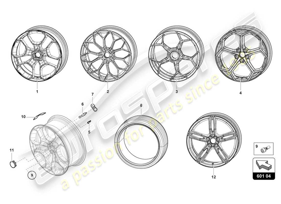 lamborghini 2020 (evo spyder 2wd) ruedas/neumáticos diagrama de piezas