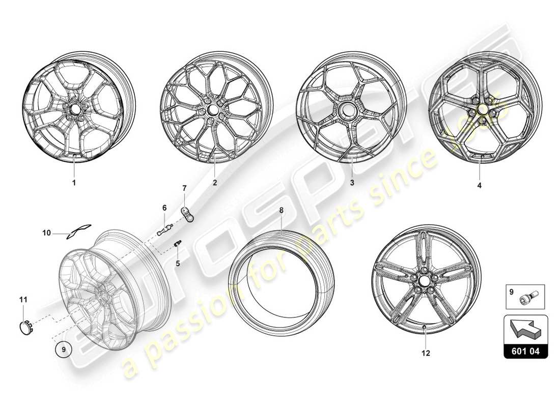 lamborghini evo spyder 2wd (2020) ruedas/neumáticos diagrama de piezas
