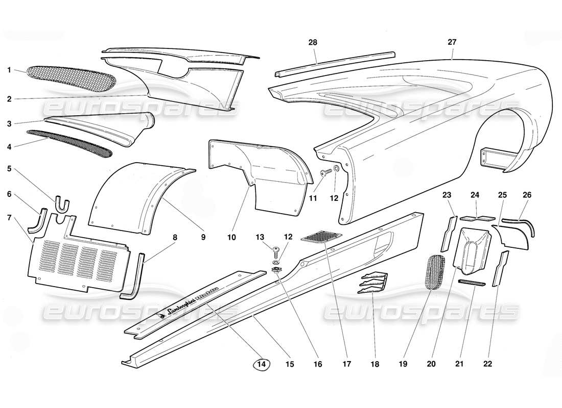 lamborghini diablo (1991) elementos del cuerpo: flanco izquierdo diagrama de piezas