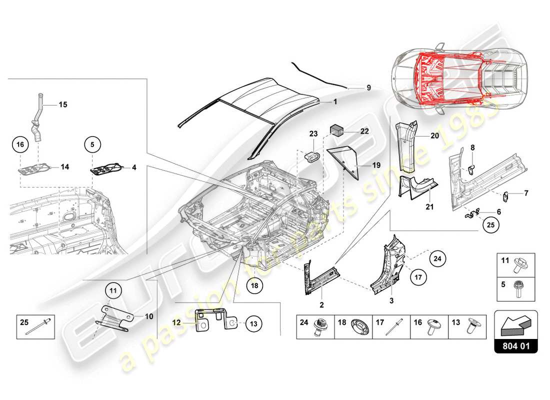 lamborghini 2015 (lp610-4 coupe) diagrama de piezas del techo