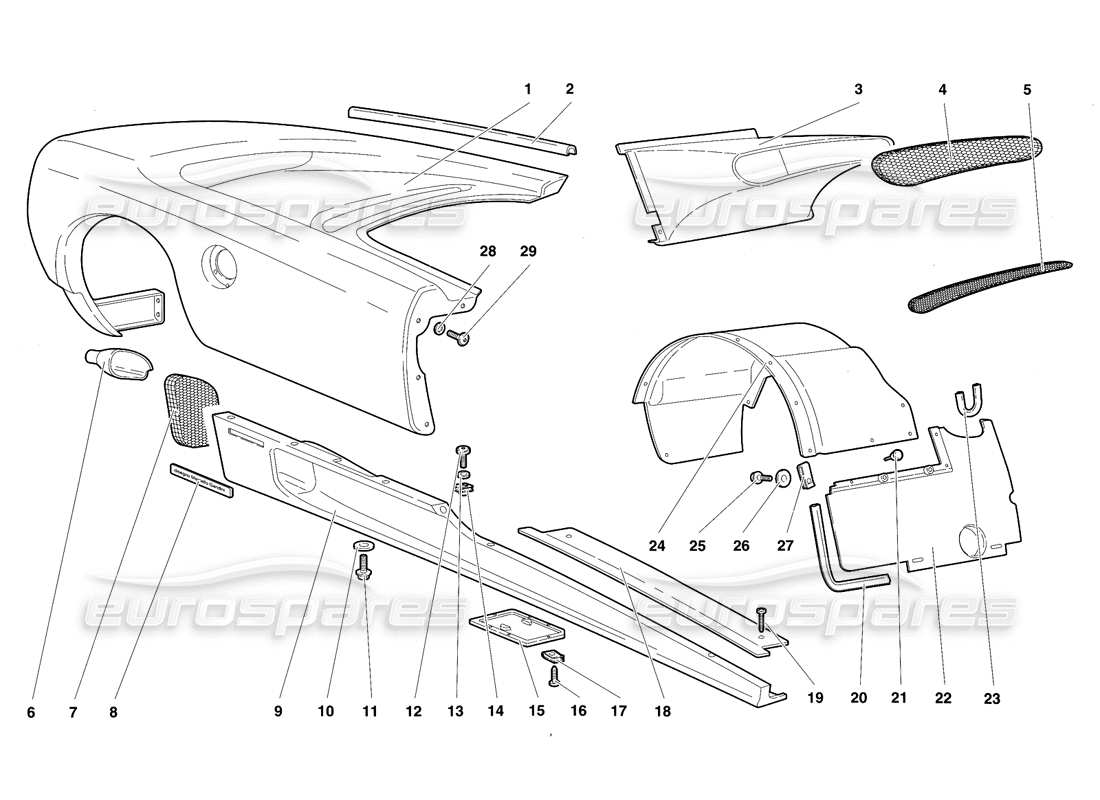 lamborghini diablo sv (1997) elementos de la carrocería: diagrama de piezas del flanco derecho