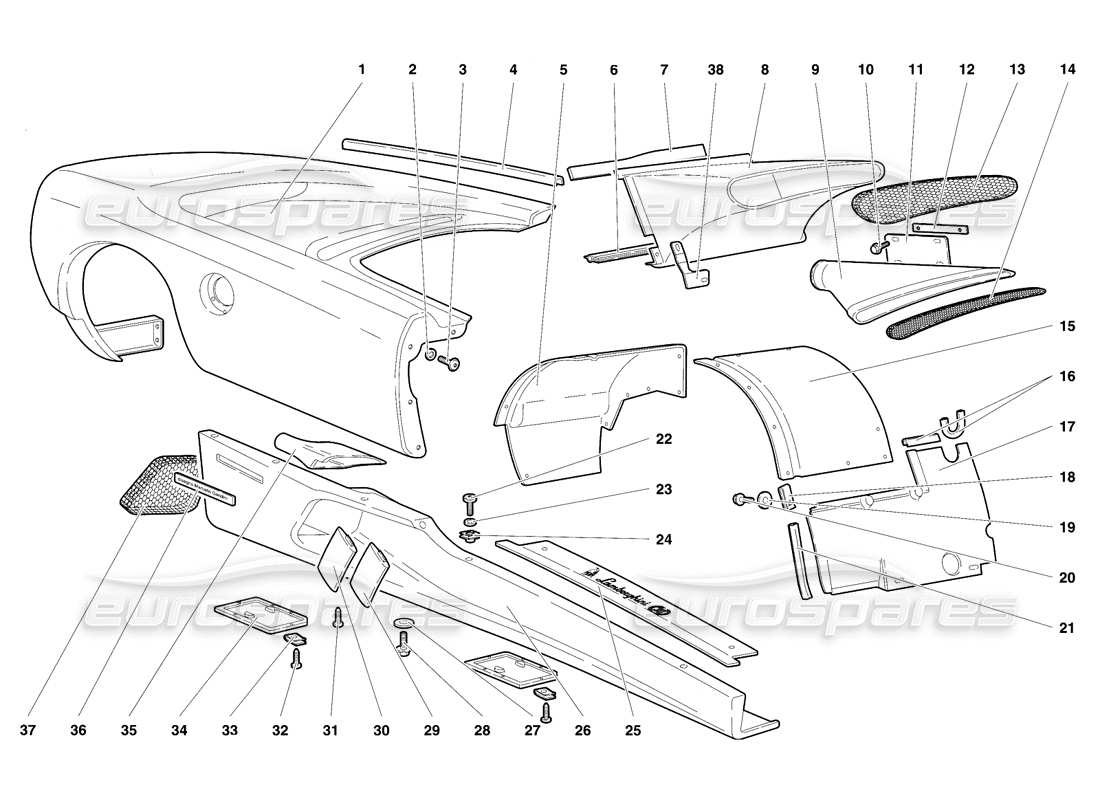 lamborghini diablo se30 (1995) elementos de la carrocería: diagrama de piezas del flanco derecho