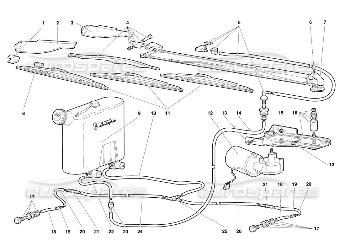 lamborghini diablo sv (1997) diagrama de piezas del limpiaparabrisas y lavafaros