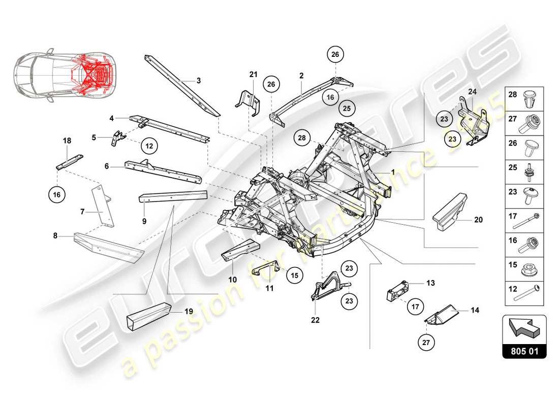 lamborghini 2020 (evo coupe) diagrama de piezas del chasis