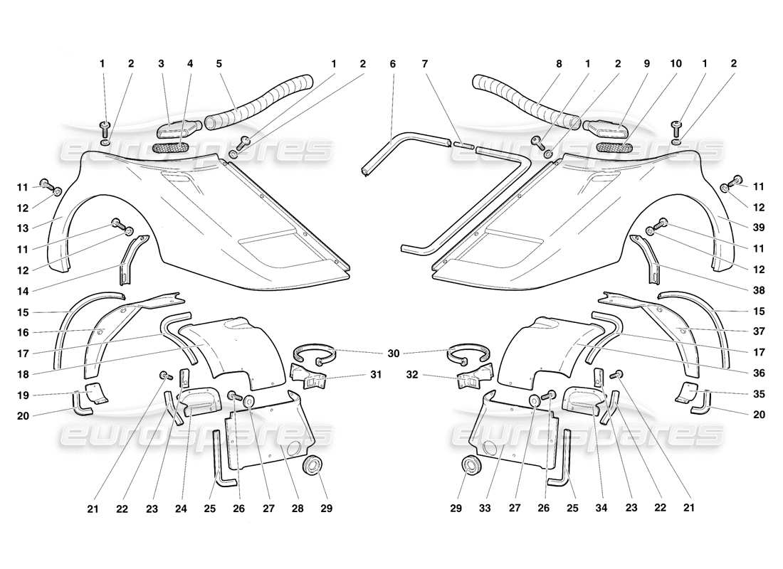 lamborghini diablo sv (1997) diagrama de piezas de los elementos delanteros del cuerpo