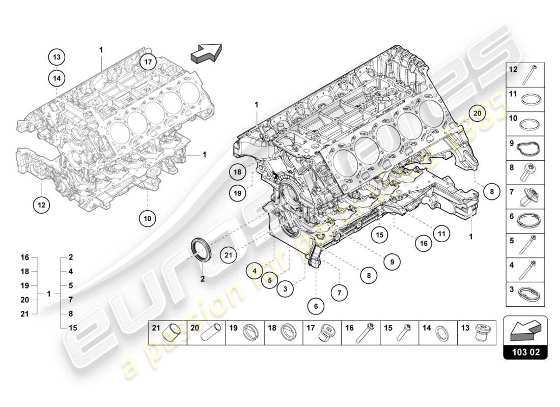 lamborghini evo coupe (2020) diagrama de piezas del bloque de motor
