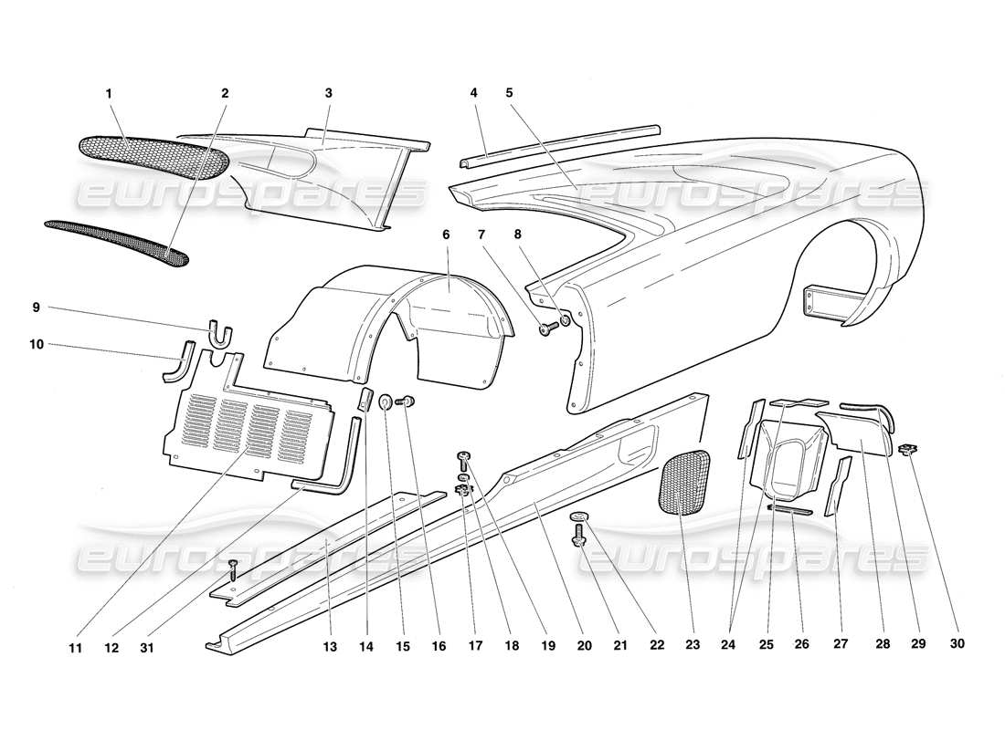 lamborghini diablo sv (1997) elementos de la carrocería: diagrama de piezas del flanco izquierdo