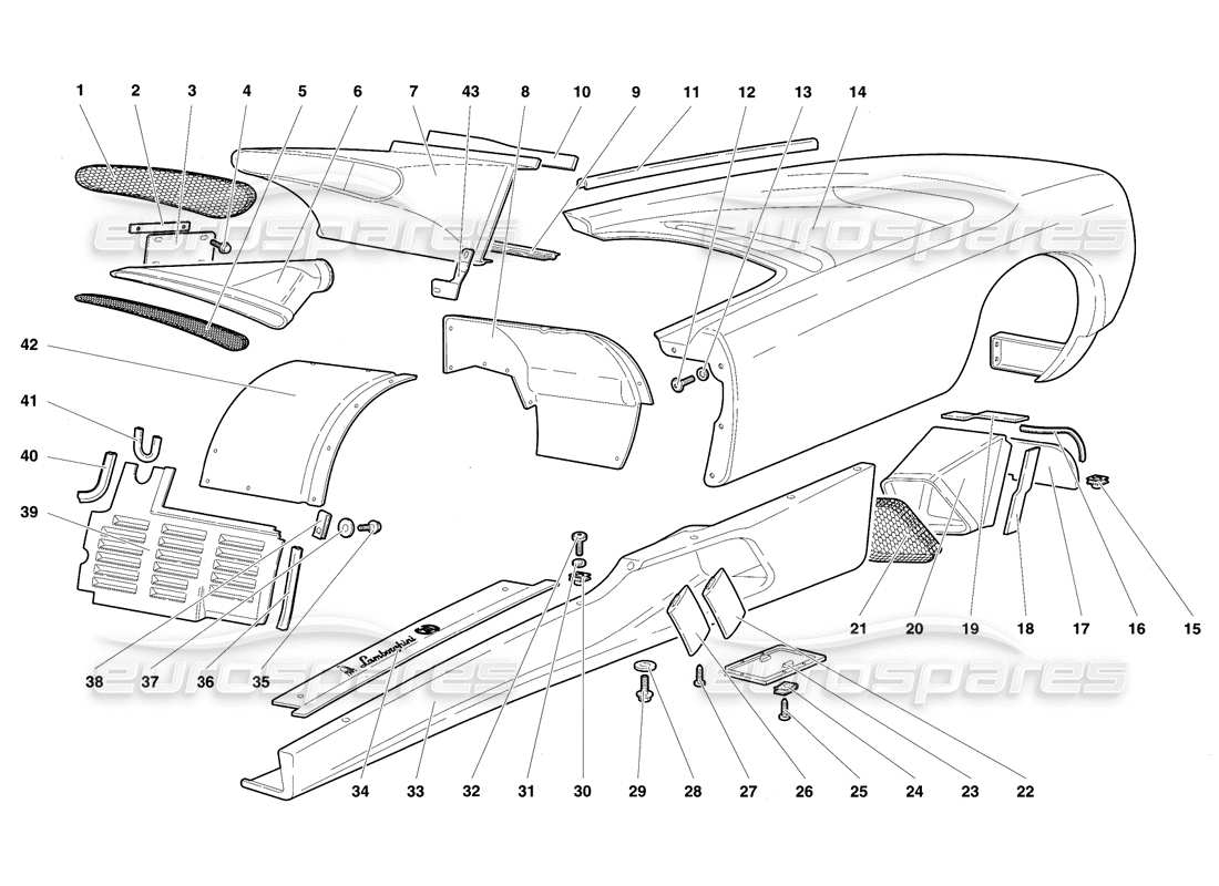 lamborghini diablo se30 (1995) elementos de la carrocería: diagrama de piezas del flanco izquierdo