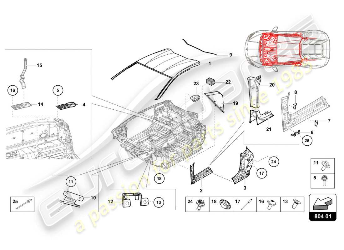lamborghini evo coupe (2020) diagrama de piezas del techo