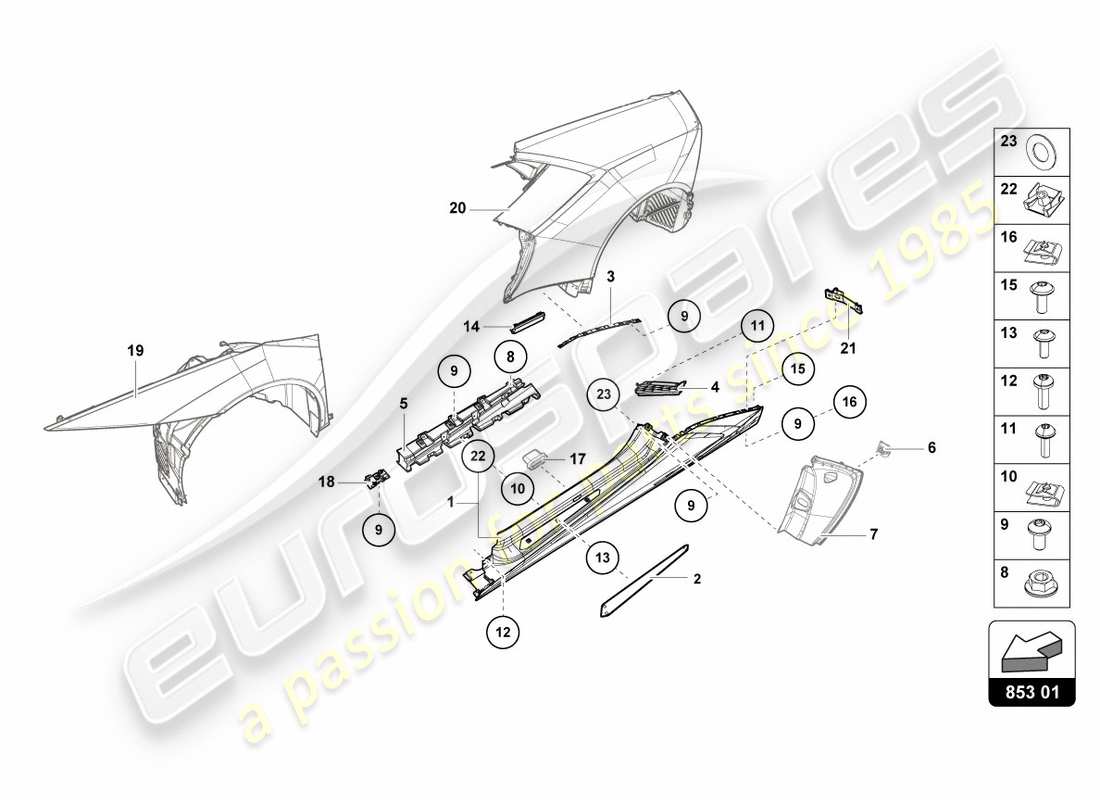 lamborghini lp580-2 coupe (2019) lateral externo inferior para alojamiento de rueda diagrama de piezas