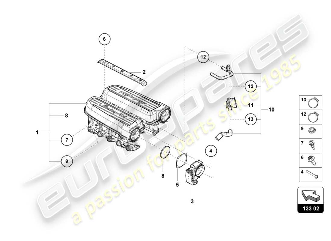 lamborghini 2015 (lp600-4 zhong coupe) diagrama de piezas del colector de admisión