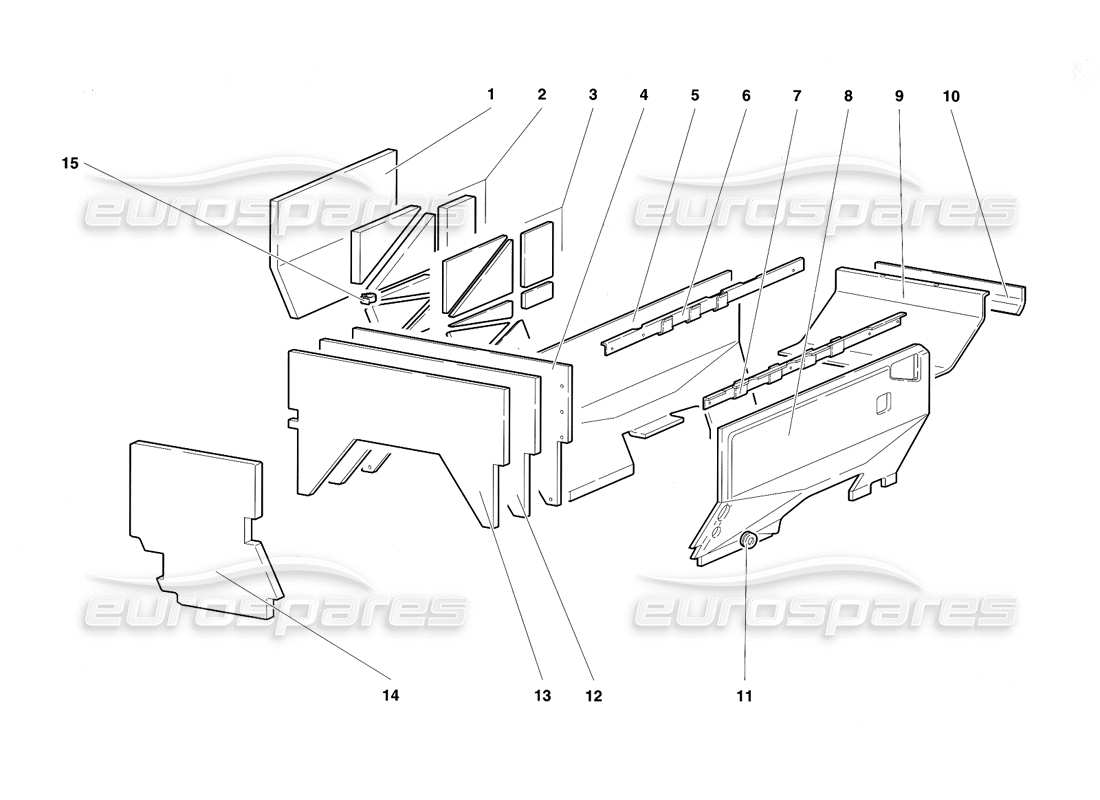 lamborghini diablo sv (1997) diagrama de piezas de los paneles aislantes del compartimento del motor