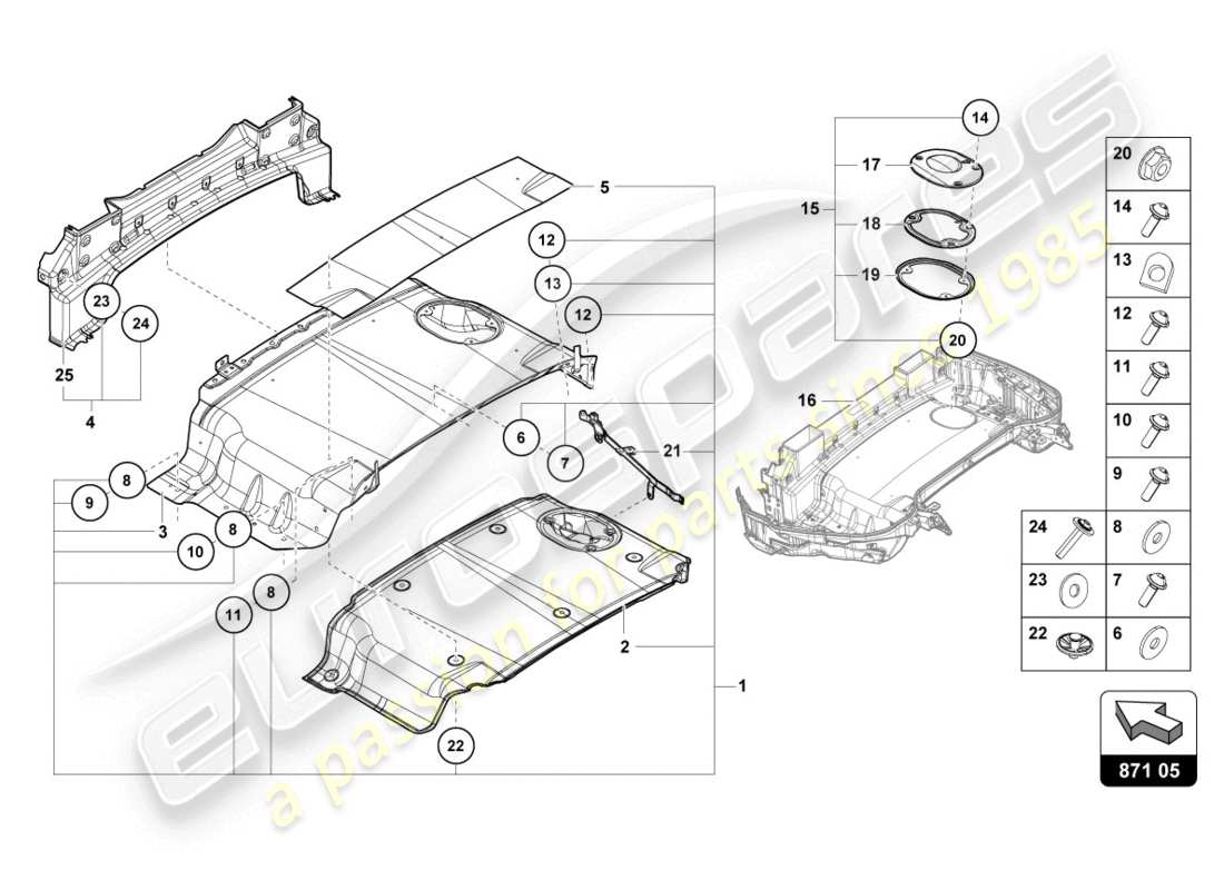 lamborghini evo spyder (2020) diagrama de piezas de la bandeja de la capa superior