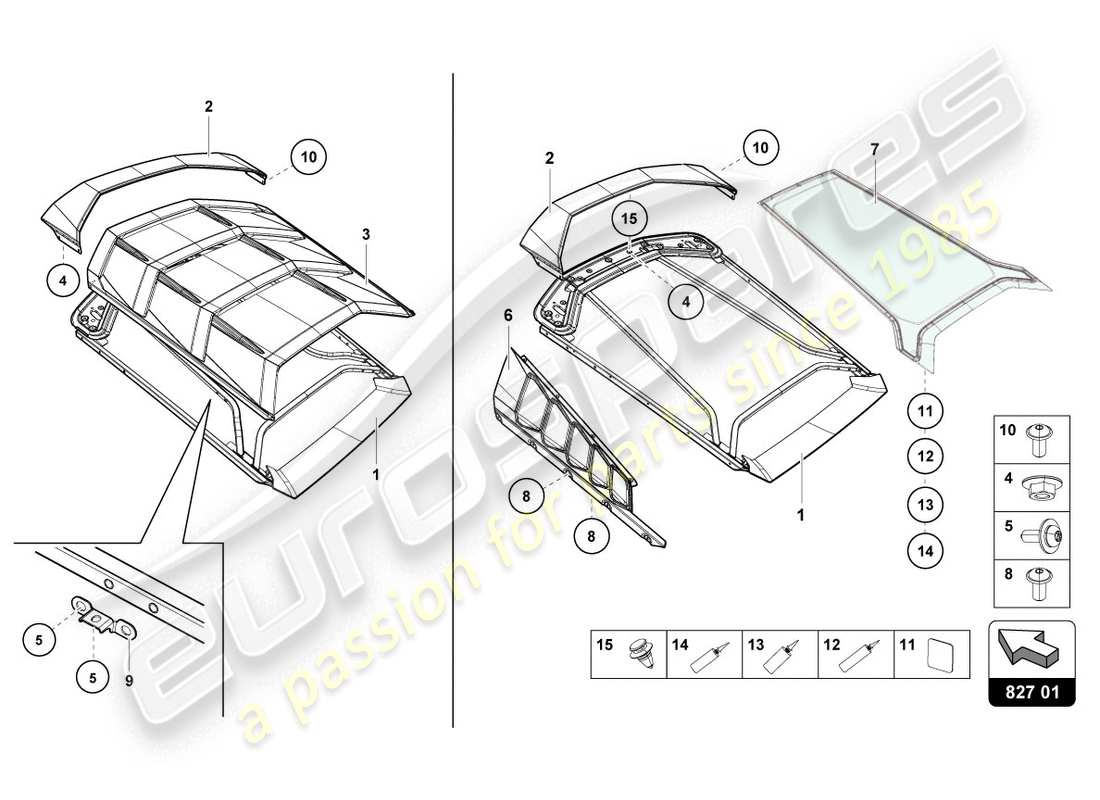 lamborghini evo coupe (2020) cubierta del motor con insp. diagrama de piezas de la cubierta
