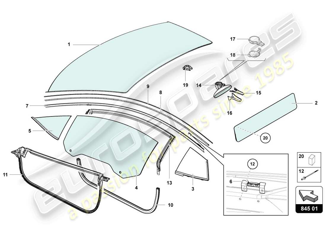 lamborghini 2014 (lp720-4 coupe 50) diagrama de piezas de vidrios para ventanas