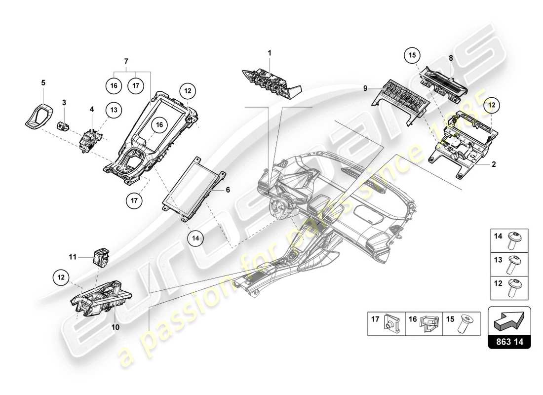 lamborghini evo coupe 2wd (2020) consola central, parte superior diagrama de piezas