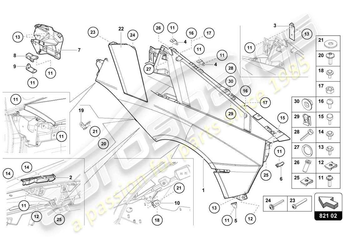 lamborghini 2014 (lp720-4 coupe 50) diagrama de piezas del protector de ala