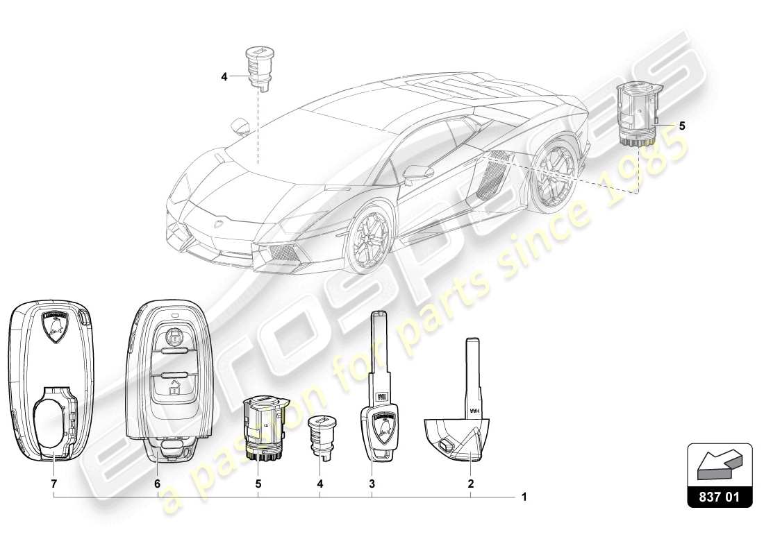 lamborghini 2014 (lp720-4 coupe 50) cilindro de cerradura con llaves diagrama de piezas