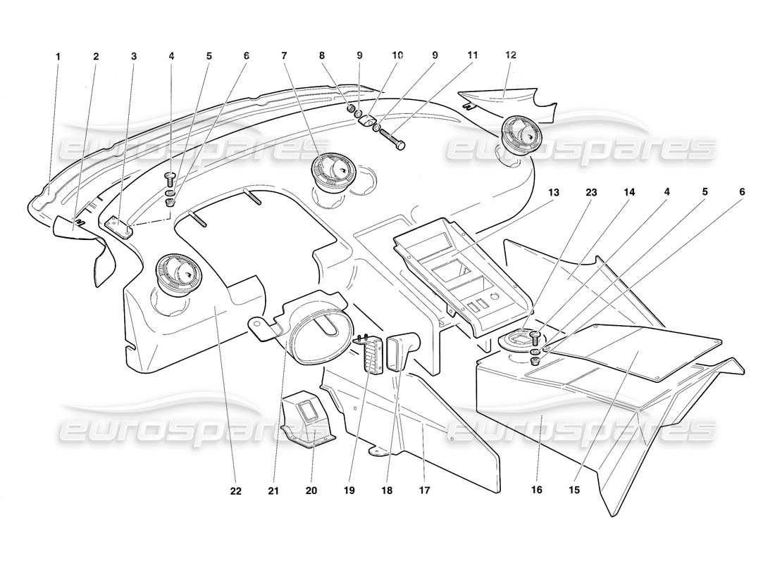 lamborghini diablo sv (1997) diagrama de piezas de los adornos del compartimiento del pasajero