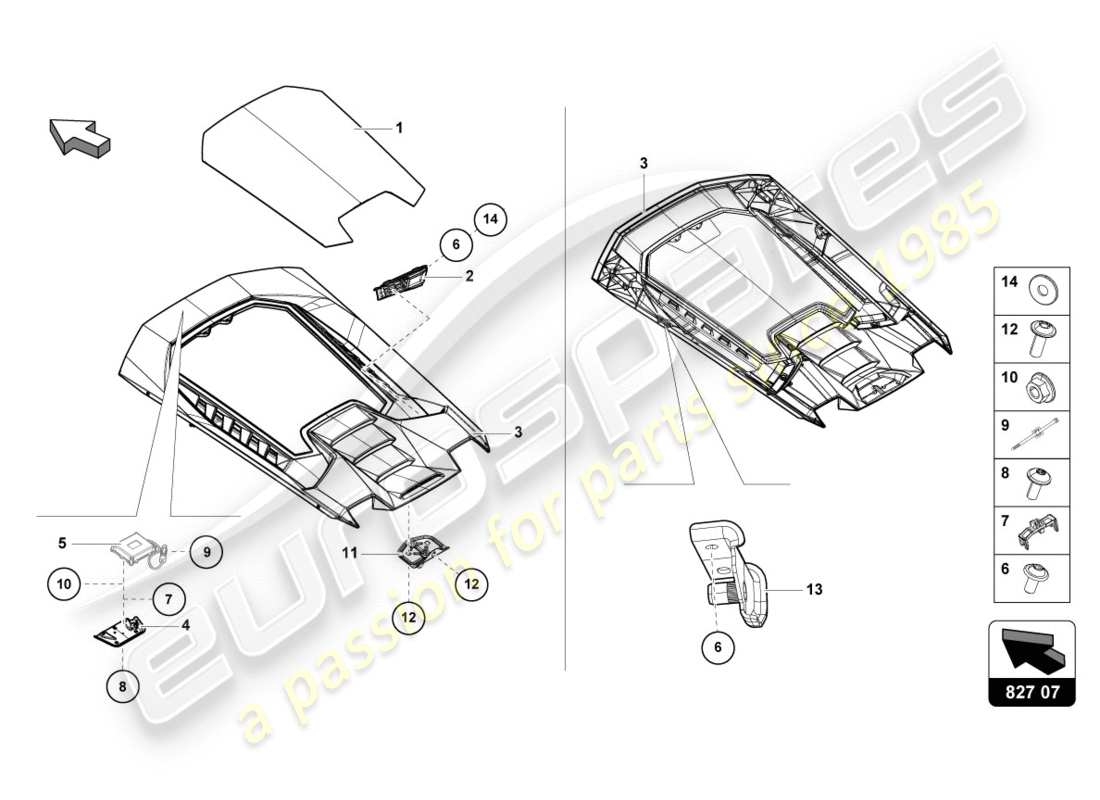 lamborghini 2020 (performante coupe) cubierta del motor con insp. diagrama de piezas de la cubierta