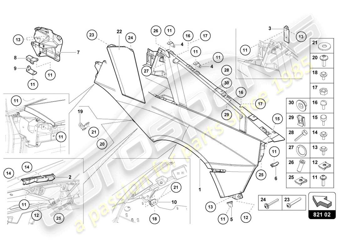 lamborghini 2017 (lp750-4 sv coupe) diagrama de piezas del protector de ala