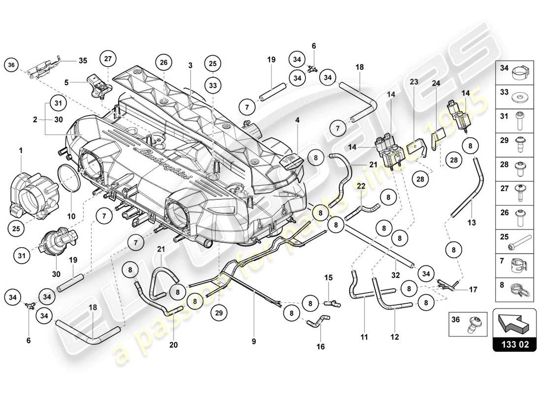 lamborghini 2014 (lp720-4 coupe 50) diagrama de piezas del colector de admisión