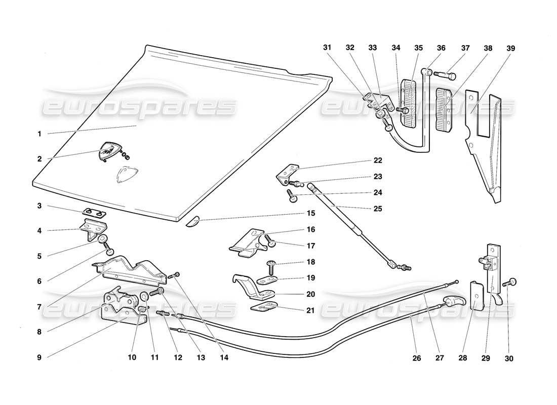 lamborghini diablo sv (1997) diagrama de piezas del capó delantero