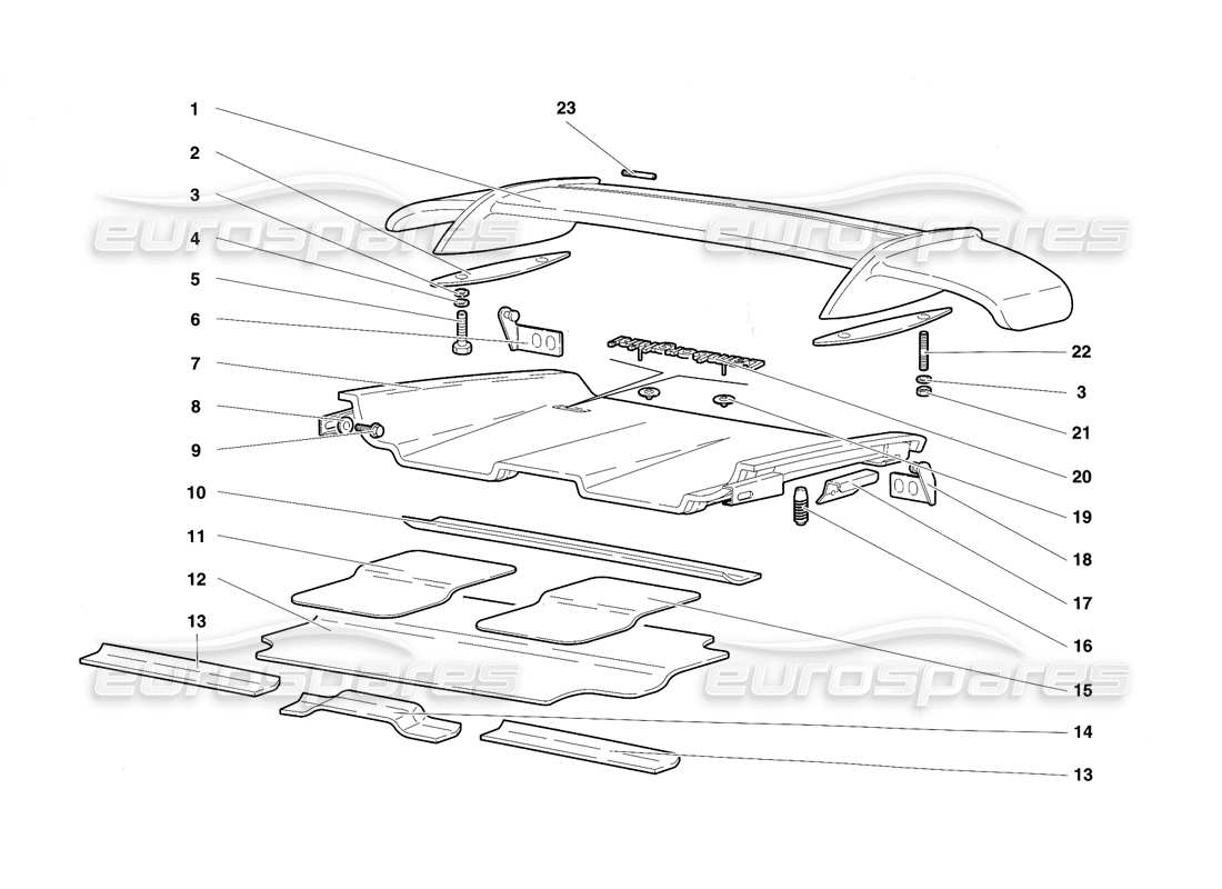 lamborghini diablo sv (1997) diagrama de piezas del capó trasero y del ala