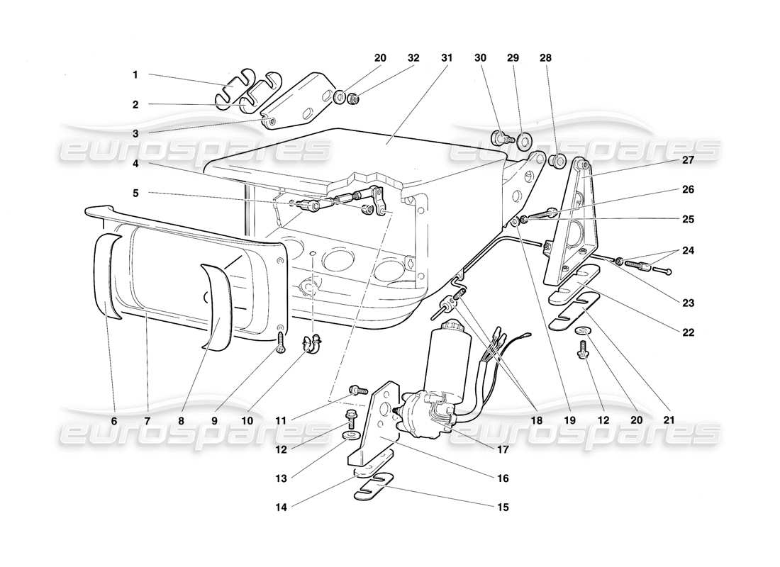 lamborghini diablo sv (1997) diagrama de piezas del sistema de elevación de faros delanteros