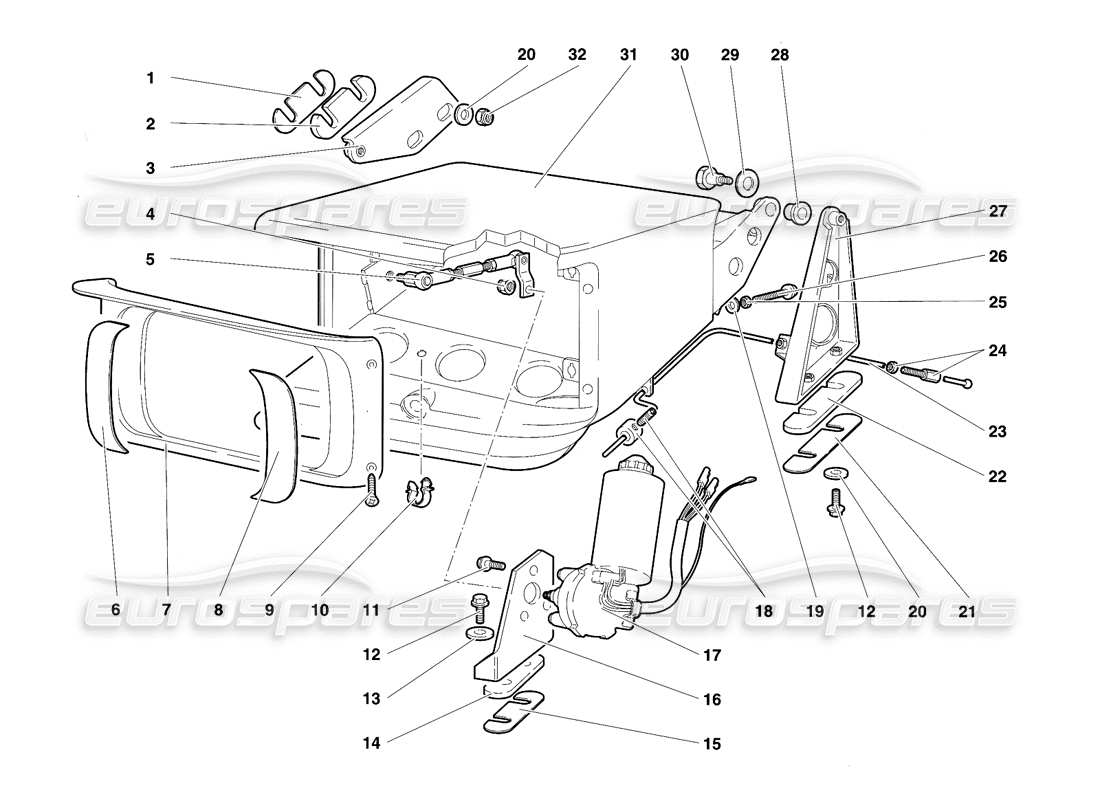 lamborghini diablo se30 (1995) diagrama de piezas del sistema de elevación de faros delanteros