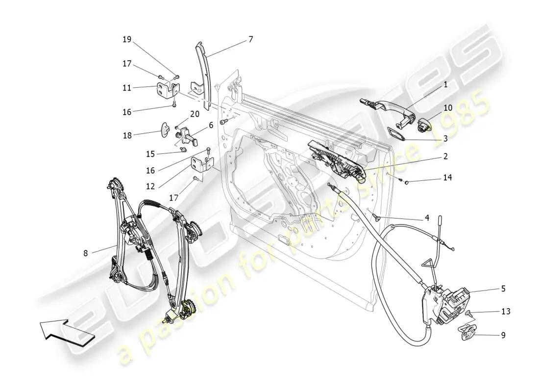 maserati levante (2020) puertas delanteras: mecanismos diagrama de piezas