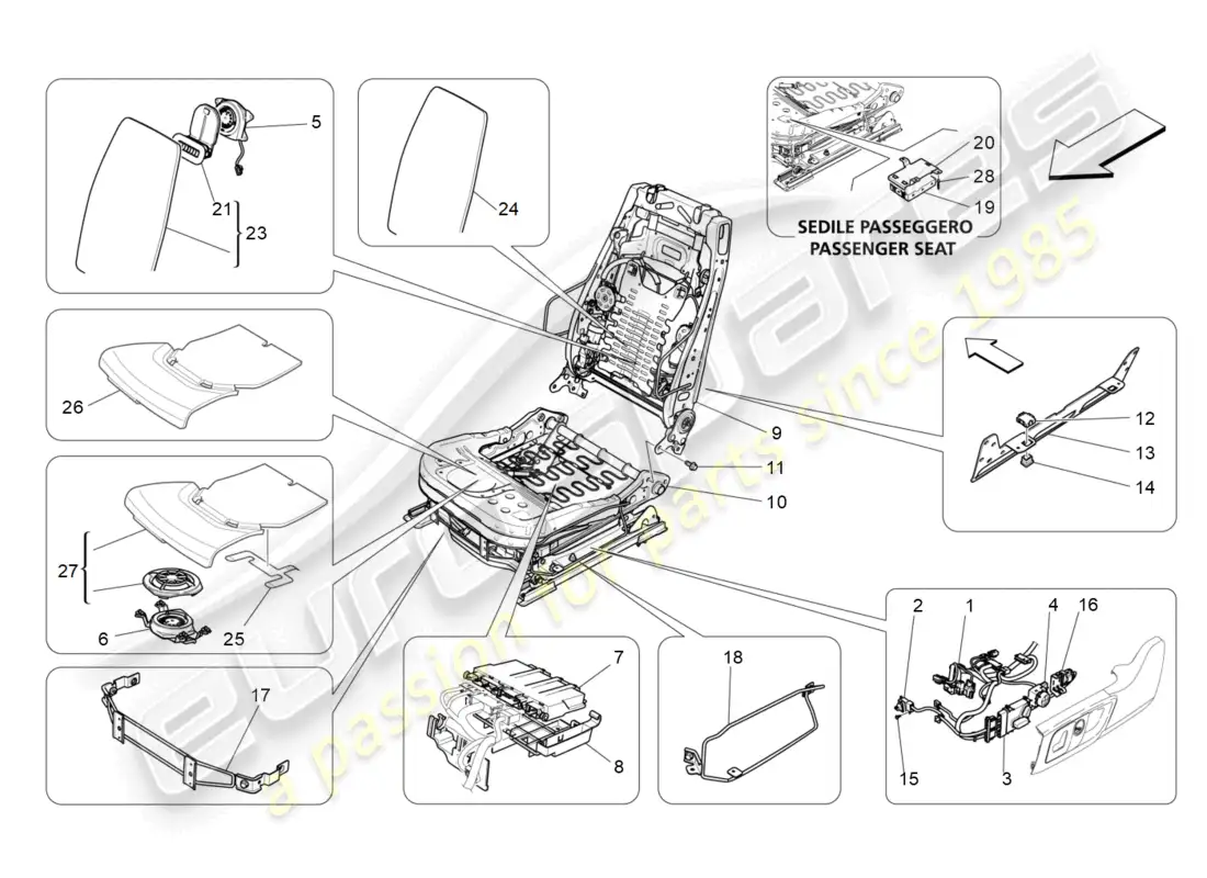 maserati levante modena (2022) asientos delanteros: mecánica y electrónica diagrama de piezas
