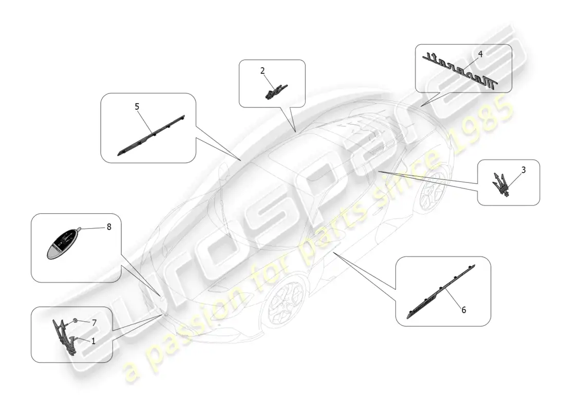 maserati mc20 (2022) acabados, marcas y símbolos diagrama de piezas