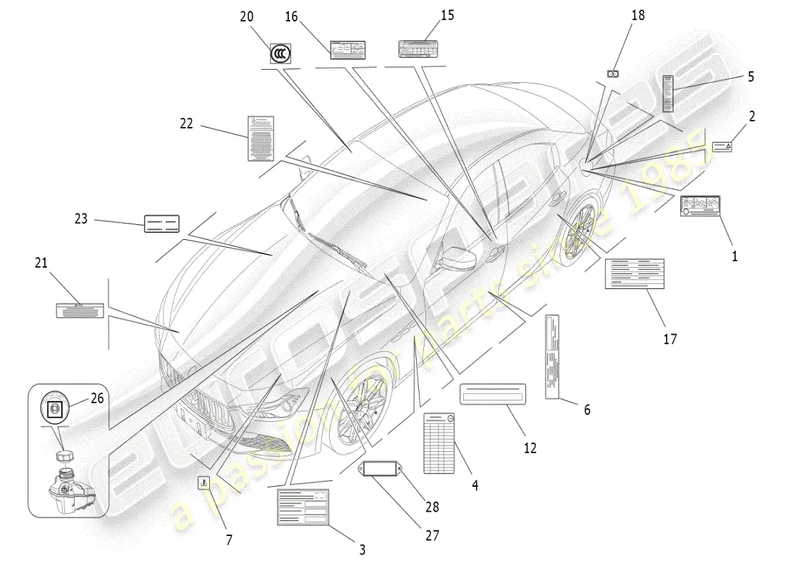 maserati ghibli (2019) diagrama de piezas de pegatinas y etiquetas
