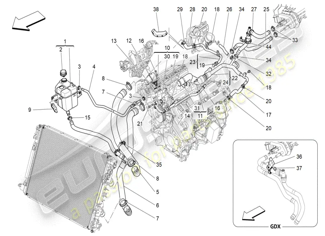 maserati ghibli (2019) sistema de refrigeración: diagrama de piezas de nourice y líneas