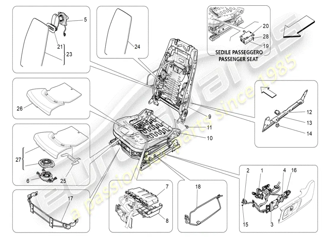 maserati ghibli (2019) asientos delanteros: diagrama de piezas de mecánica y electrónica
