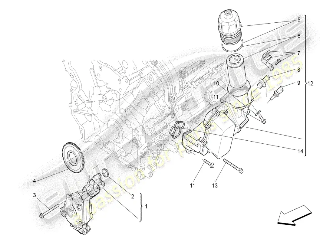 maserati ghibli (2019) sistema de lubricación: diagrama de piezas de bomba y filtro