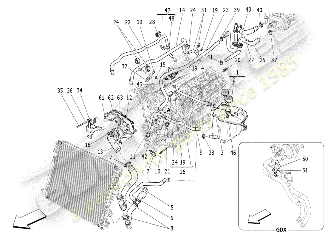 maserati ghibli (2019) sistema de refrigeración: diagrama de piezas de nourice y líneas